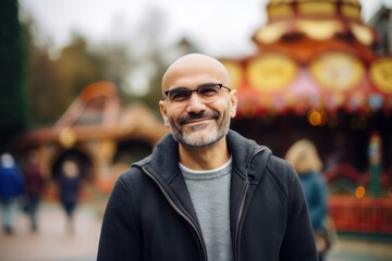 Obraz premium Environmental portrait photography of a pleased man in his 40s wearing a cozy sweater against an amusement park or theme park background. Generative AI