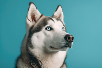 Obraz premium Majestic Siberian Husky. Proud dog with piercing blue eyes on blue background. Copy space. Pet concept AI Generative