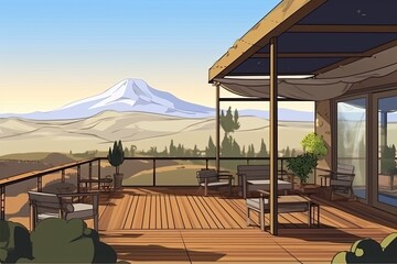 wooden deck overlooking majestic mountains. Generative AI