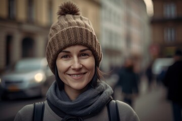 Portrait of a smiling woman in a hat and scarf on the street