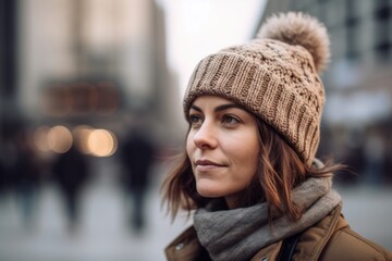 Lifestyle portrait photography of a grinning woman in her 30s wearing a warm beanie or knit hat against a european street or city square background. Generative AI