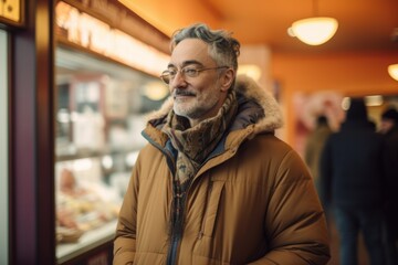 Fototapeta premium Portrait of senior man in winter jacket and glasses standing in front of shop window