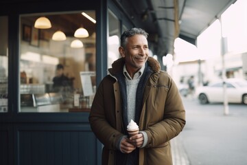 Handsome middle-aged man with a cup of coffee on the street
