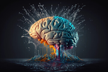 Vibrant Human Brain with Refreshing Water Splashes for Health and Wellness Concept in Mindfulness and Psychology. Generative AI