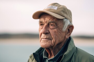 Portrait of an elderly man in a cap on the beach.