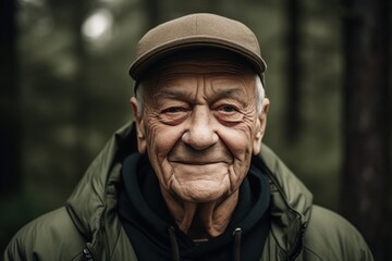 Portrait of an elderly man in a cap in the forest.