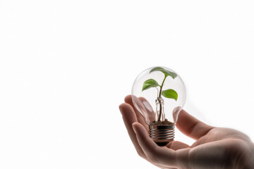 Sustainable Growth, Nature and Technology, Bright Idea for Sustainability. Hand holding a lightbulb with a growing plant inside on a white background. Copy space.  Eco-friendly concept AI Generative