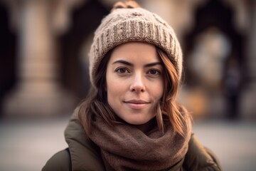 Portrait of a beautiful young woman wearing a warm hat and scarf.