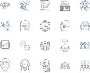 Business leadership outline icons collection. Leadership, Business, Manager, Strategy, Executive, Motivation, Influence vector and illustration concept set. Management, Culture, Decisions linear signs