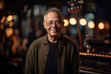Medium shot portrait photography of a pleased man in his 60s wearing a cozy sweater against a music instruments background. Generative AI