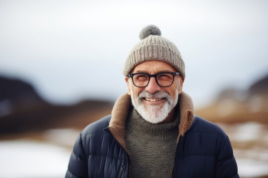 Portrait of happy senior man with eyeglasses outdoors in winter