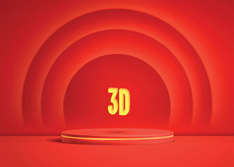 Minimalistic stage for show cosmetic products. 3d realistic red cylinders on red background. Podium mock up for product presentation
