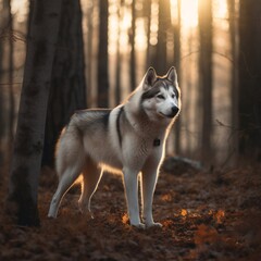 Siberian husky running on the forest