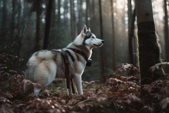 Siberian husky running on the forest