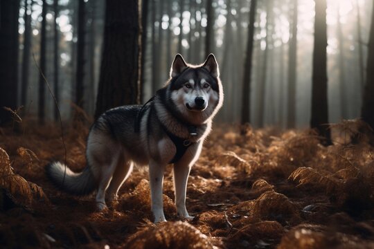 Siberian husky standing on the forest