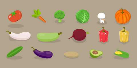 3D Isometric Flat Vector Set of Fresh Vegetables, Collection Farm Product