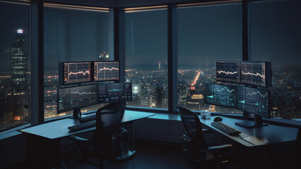 day trading business office at night generated with AI tools - obrazy, fototapety, plakaty