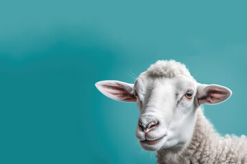 Obraz premium Gentle Grazing. A cute sheep peacefully isolated on a blue pastel background with space for text. Copy space. Livestock farming concept AI Generative