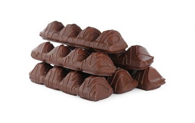 Many tasty chocolate bars isolated on white
