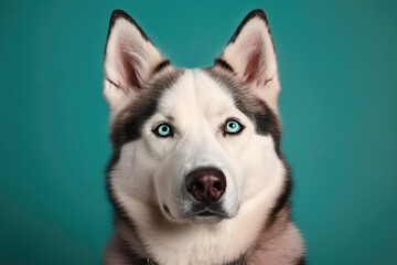 Winter Adventure Companion. Loyal Siberian Husky with piercing blue eyes on blue background. Copy space. Dog Pet concept AI Generative