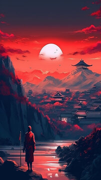 samurai print poster red painting