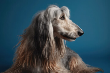 Regal Beauty. Elegant Afgan Hound with luxurious long fur isolated on pastel blue background. Copy space. Pet concept AI Generative
