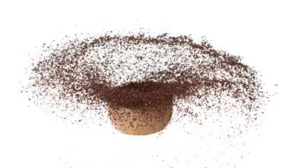 Coffee powder fall down pour in wooden bowl, Coffee crushed float explode, abstract cloud fly. Coffee dust powder splash throwing in Air. White background Isolated high speed shutter, freeze motion