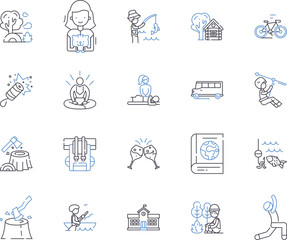 Recreational pursuits outline icons collection. Hobby, Sport, Games, Camping, Fishing, Hiking, Skiing vector and illustration concept set. Boating, Surfing, Swimming linear signs