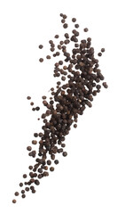 Black Pepper seeds fly explosion, Black Pepper float explode, abstract cloud fly. Black Peppercorn splash throwing in Air. White background Isolated high speed shutter, freeze motion