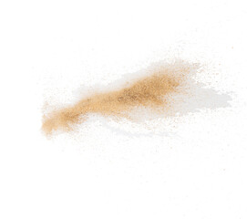 Fototapeta na wymiar Sand flying explosion, Golden sand wave explode. Abstract sands cloud fly. Yellow colored sand splash throwing in Air. White background Isolated high speed shutter, throwing freeze stop motion