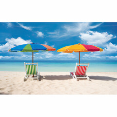 A stunning beach banner pristine white sand beach, blue sky, white clouds, complete with comfortable chairs and a colorful umbrella, creating an inviting atmosphere for travel and tourism. 