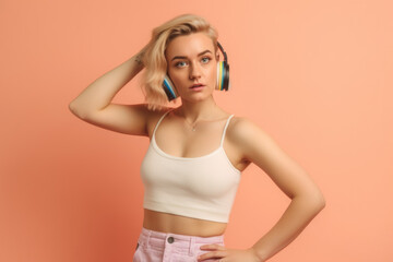 Obraz premium Proud Bisexual. Confident woman with a cropped top and rainbow details on a pastel background. Copy space. LGBTQ+ concept AI Generative