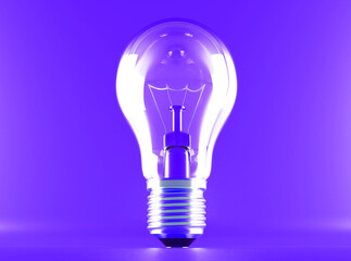 Light bulb on bright with purple background. Minimalist concept, bright idea concept, isolated lamp. 3d render illustration