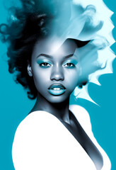 Black woman posing with curly hair, in the style of white and cyan. Generative AI.
