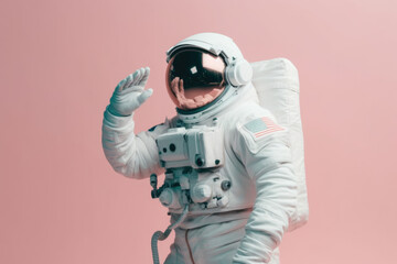 Exploring the Cosmos. Astronaut doing poses in a space suit, isolated on a pastel background with space for text. Copy space. Space exploration concept AI Generative - obrazy, fototapety, plakaty