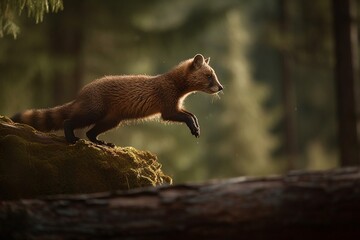 Portrait of a weasel jumping in the forest