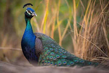 beautiful peacock with feathers in the forest