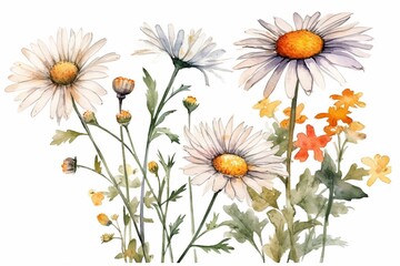watercolor hand drawn daisy flowers isolated on white