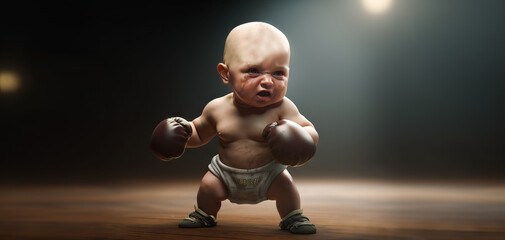 Generative AI,  Boxing Baby with gloves and a diaper. Baby Brawler, The Diapered Champion of the Ring. - obrazy, fototapety, plakaty