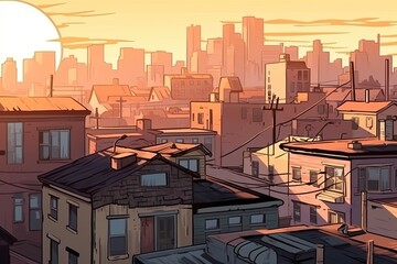 cityscape with a bright sun setting in the background. Generative AI