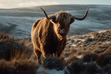 portrait highland cow in winter