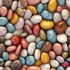 Seamless pattern of multicolored smooth stones, gemstones background, generative AI.