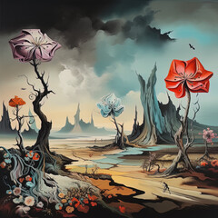 Surreal landscape in fantasy World with strange dreamy flowers, illustration, generative AI.
