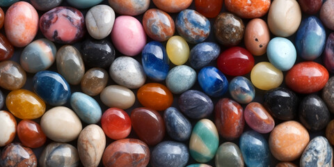 Fototapeta na wymiar Pattern of multicolored smooth stones, gemstones for background, generative AI.
