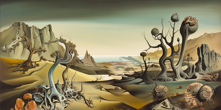 Surreal landscape in fantasy World with strange dreamy flowers, illustration, generative AI.
