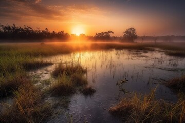 sunrise over the lake and meadow