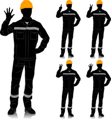 Silhouette of worker wearing helmet and overalls with safety band. Worker shows one to five fingers. Vector flat style illustration set isolated on white. Full length view