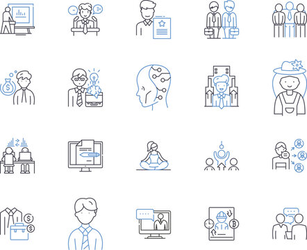 Office job outline icons collection. Office, Job, Administrative, Clerk, Manager, Secretary, Assistant vector and illustration concept set. Human, Resources, Analyst linear signs