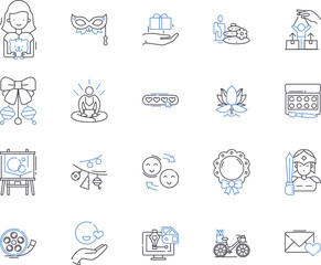 Hobbies and recreation outline icons collection. Hiking, Fishing, Gaming, Gardening, Cycling, Surfing, Running vector and illustration concept set. Painting, Swimming, Yoga linear signs