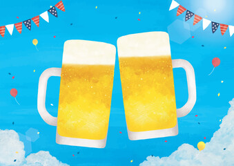 夏の青空と紙吹雪とビールで乾杯水彩画